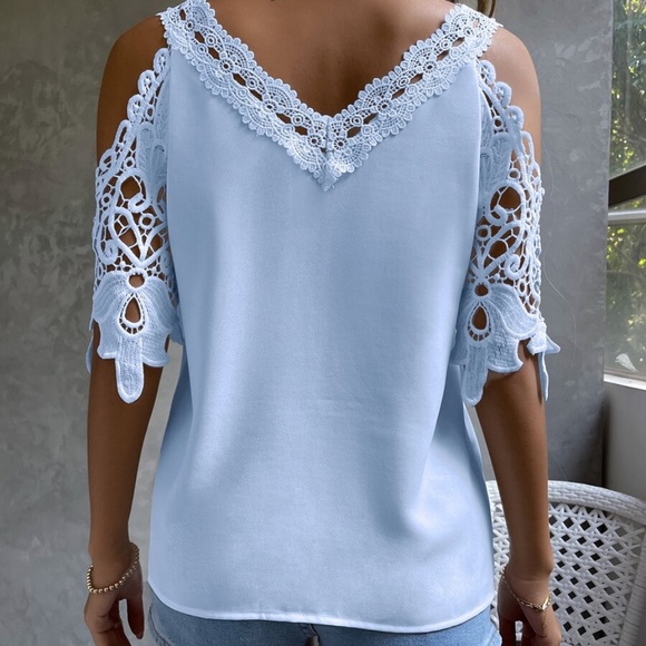 Bohemian Green Floral Lace Cold Shoulder Blouse - Picture 8 of 13